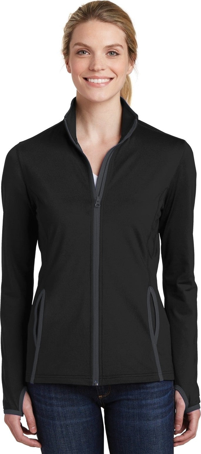 Front View of Blk/Char Grey Sport-Tek Women's Sport-Wick Stretch Contrast Full-Zip Jacket. LST853