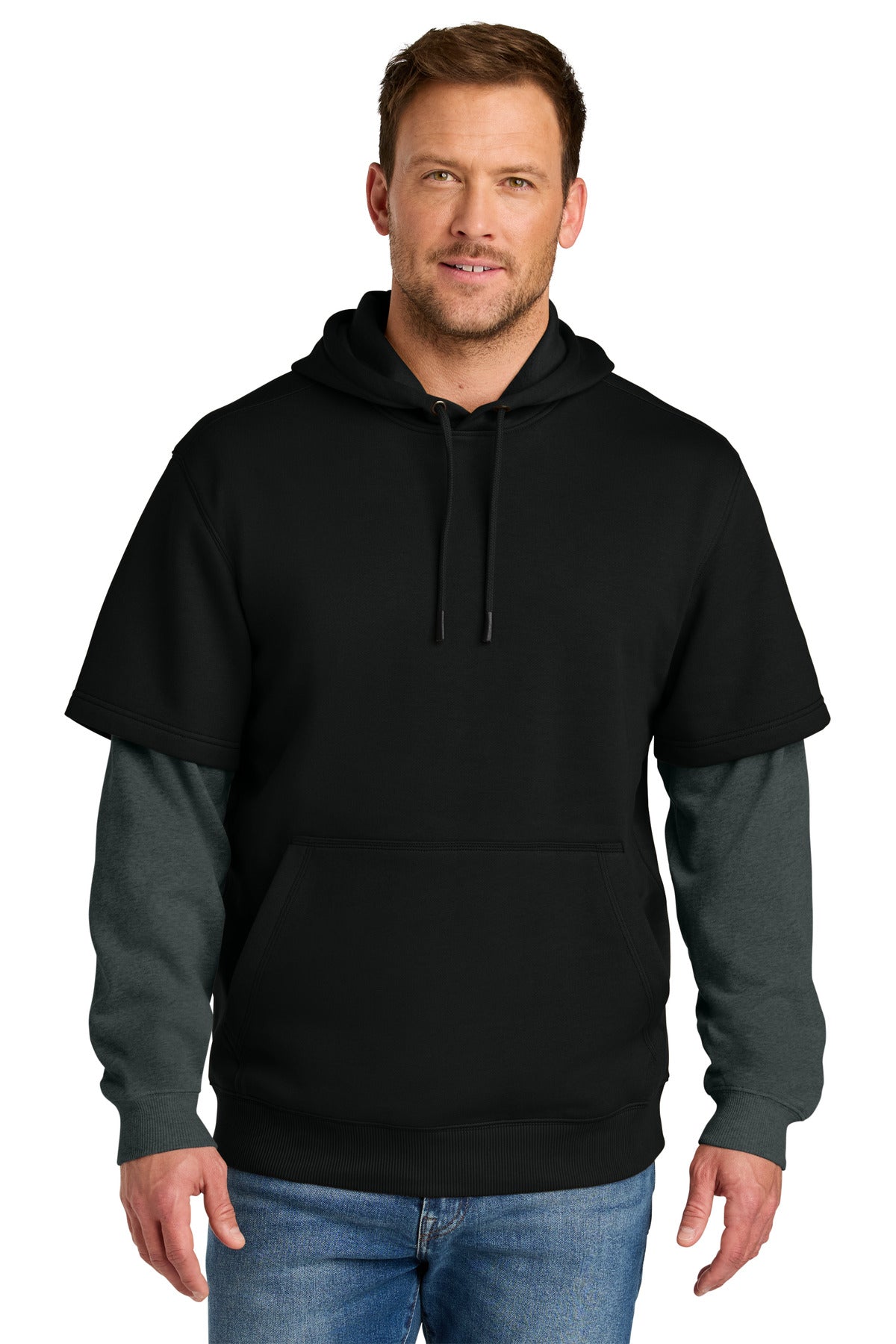 Front View of Blk/CharHt CornerStone Tough Fleece Layered Hoodie CSF632