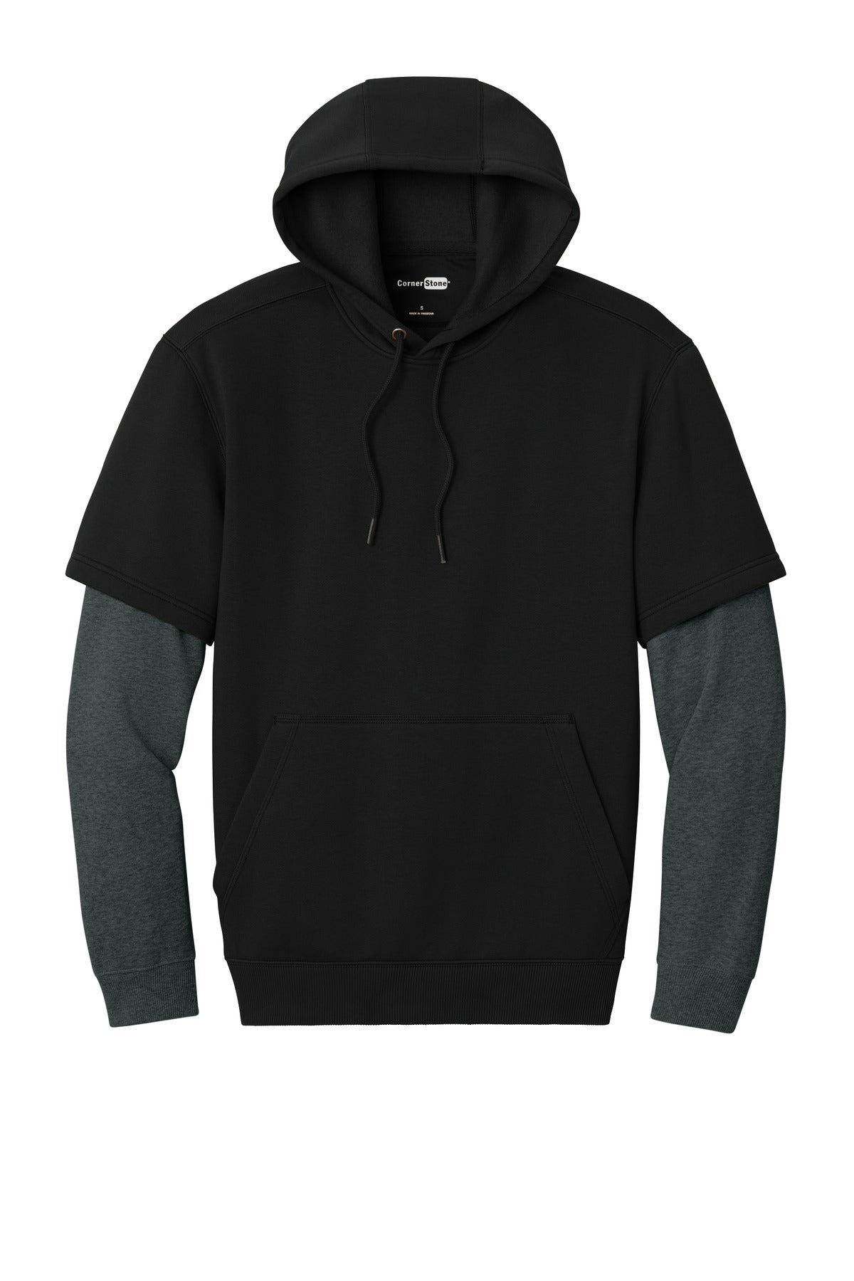 Front View of Blk/CharHt CornerStone Tough Fleece Layered Hoodie CSF632
