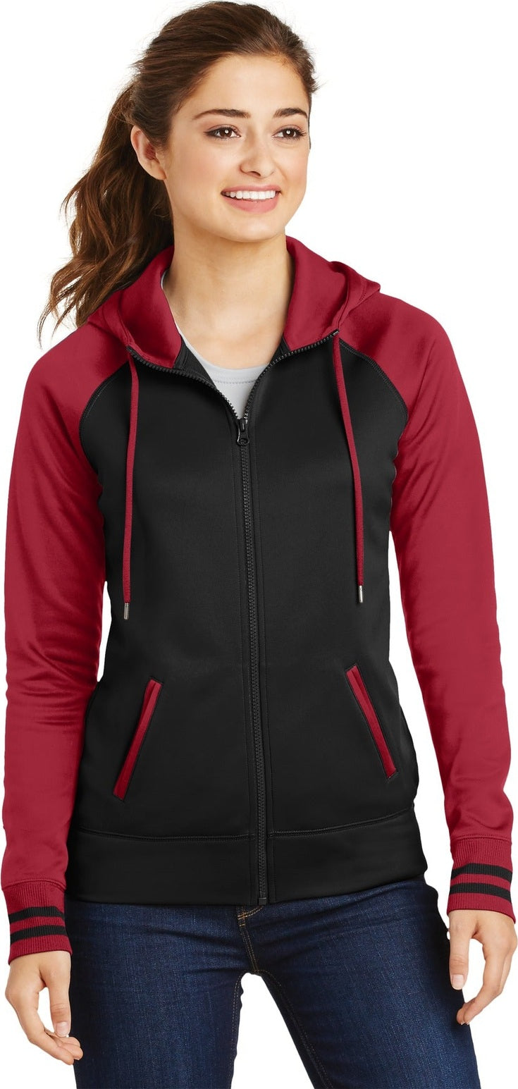 Front View of Blk/Deep Red Sport-Tek Women's Sport-Wick Varsity Fleece Full-Zip Hooded Jacket. LST236
