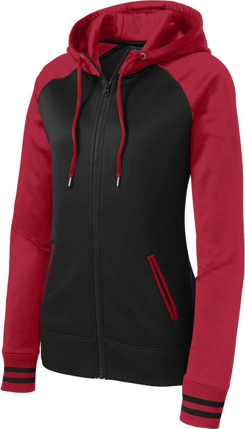 Front View of Blk/Deep Red Sport-Tek Women's Sport-Wick Varsity Fleece Full-Zip Hooded Jacket. LST236