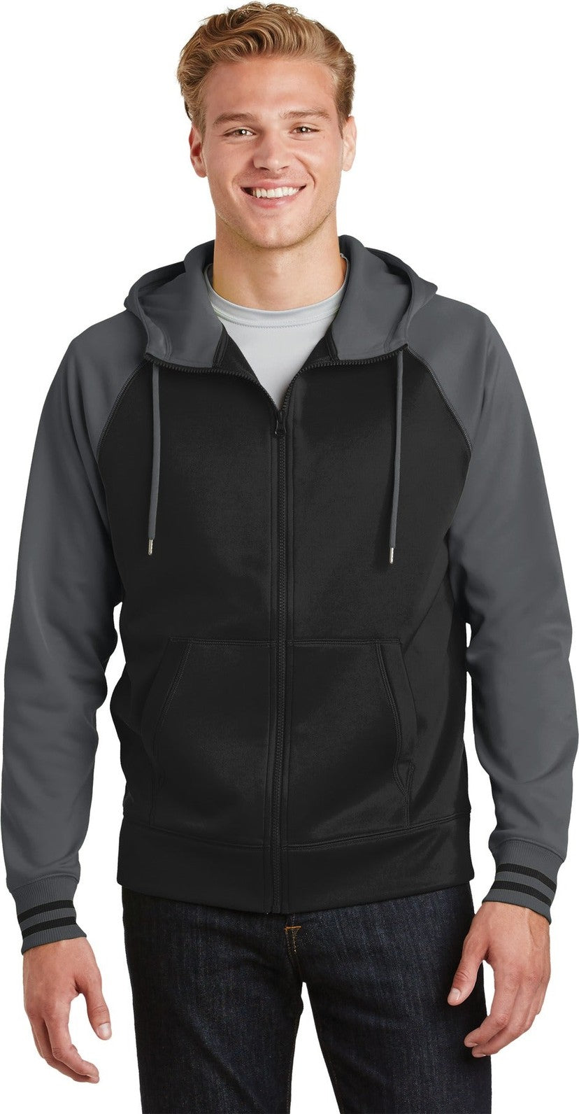 Front View of Blk/Dk Smk Gry Sport-Tek Sport-Wick Varsity Fleece Full-Zip Hooded Jacket. ST236