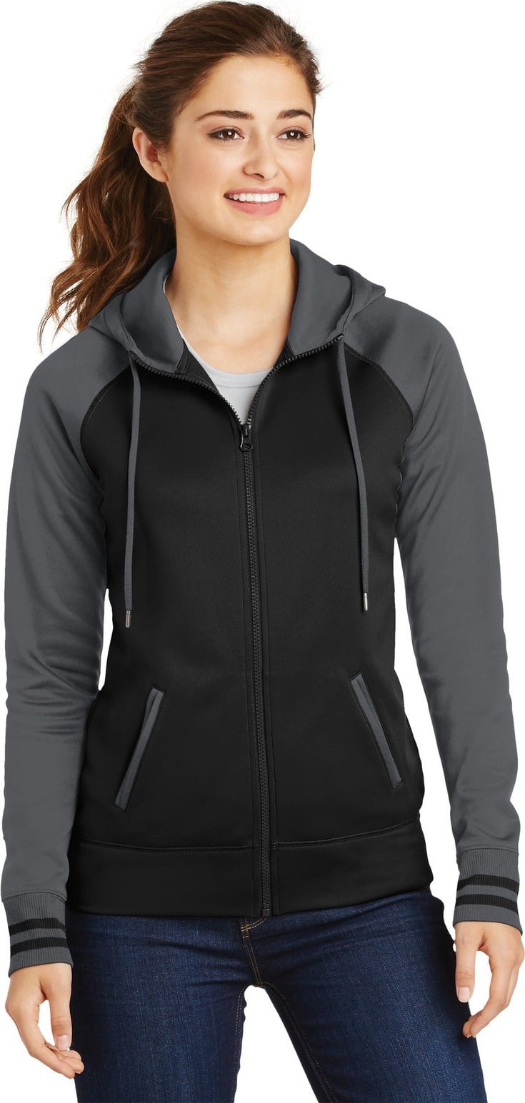 Front View of Blk/Dk Smk Gry Sport-Tek Women's Sport-Wick Varsity Fleece Full-Zip Hooded Jacket. LST236