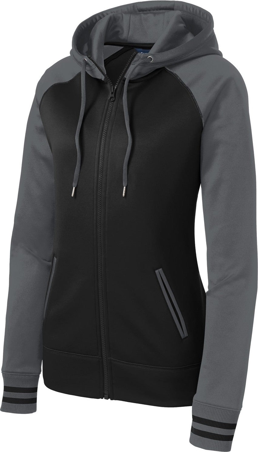 Front View of Blk/Dk Smk Gry Sport-Tek Women's Sport-Wick Varsity Fleece Full-Zip Hooded Jacket. LST236