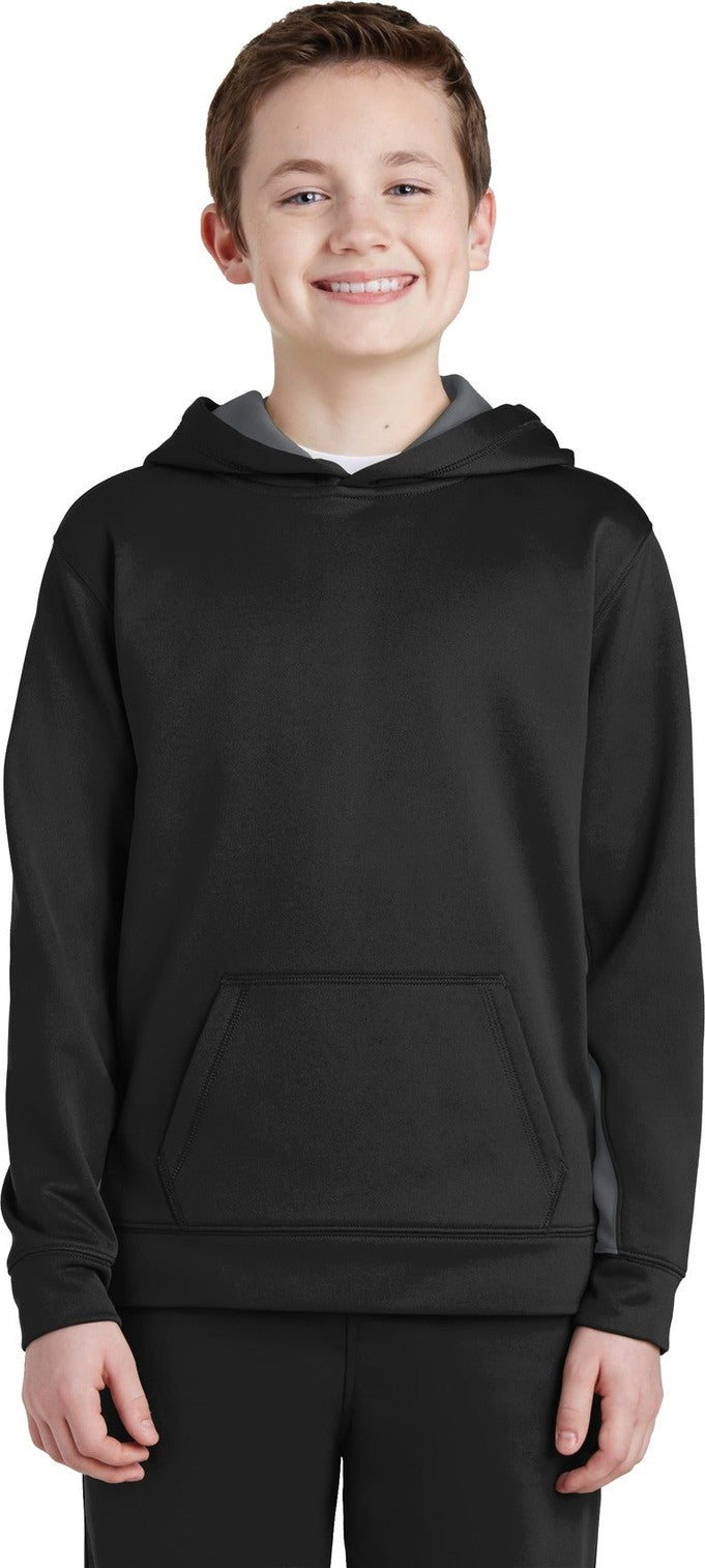 Front View of Blk/Dk Smk Gry Sport-Tek Youth Sport-Wick Fleece Colorblock Hooded Pullover. YST235