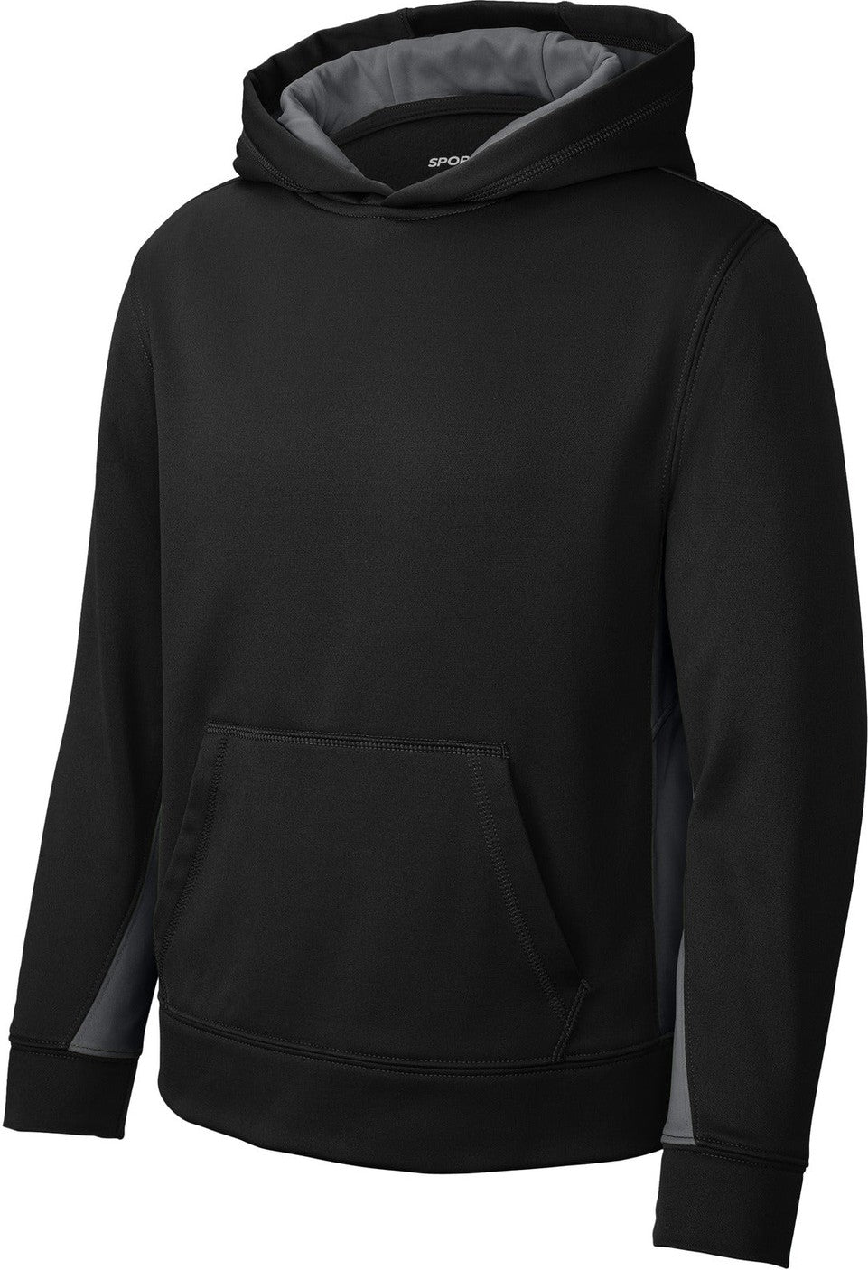 Front View of Blk/Dk Smk Gry Sport-Tek Youth Sport-Wick Fleece Colorblock Hooded Pullover. YST235