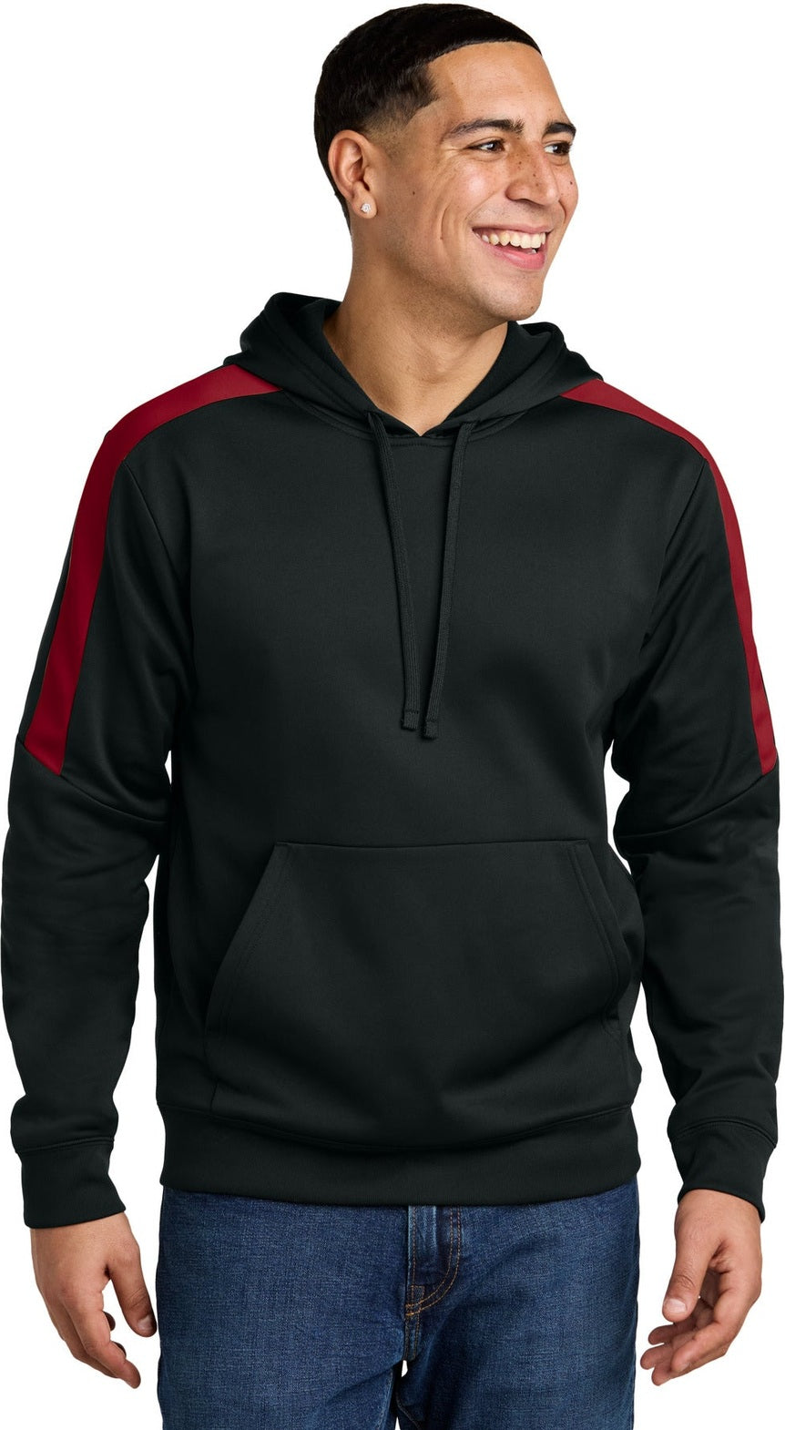 Front View of Blk/DpRed Sport-Tek Sport-Wick Fleece United Pullover Hoodie ST255