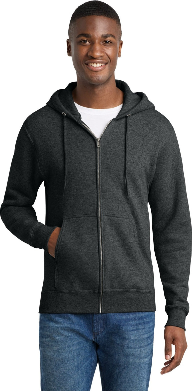 Front View of BlkHthr Port & Co Core Fleece Full-Zip Hooded Sweatshirt. PC78ZH