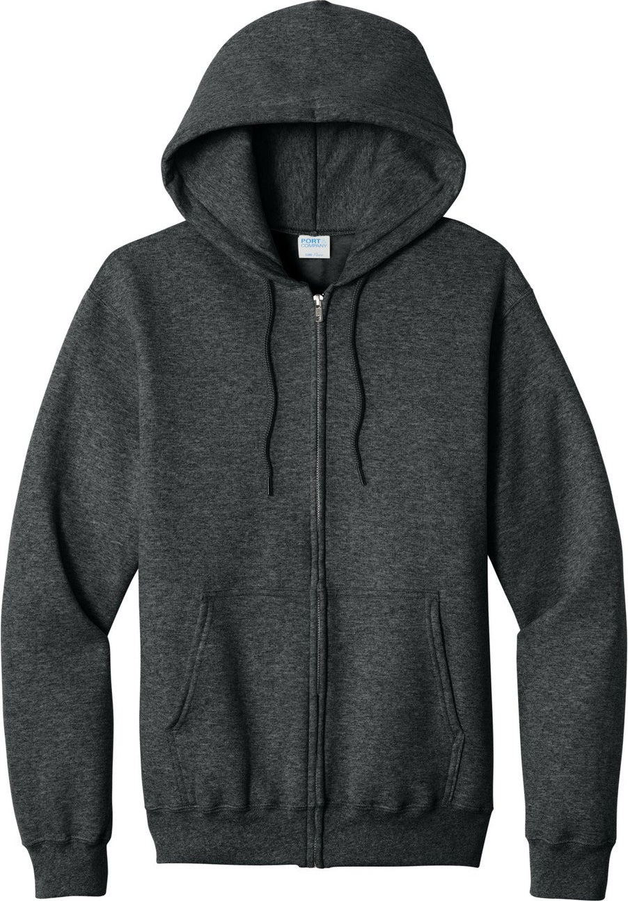 Front View of BlkHthr Port & Co Core Fleece Full-Zip Hooded Sweatshirt. PC78ZH