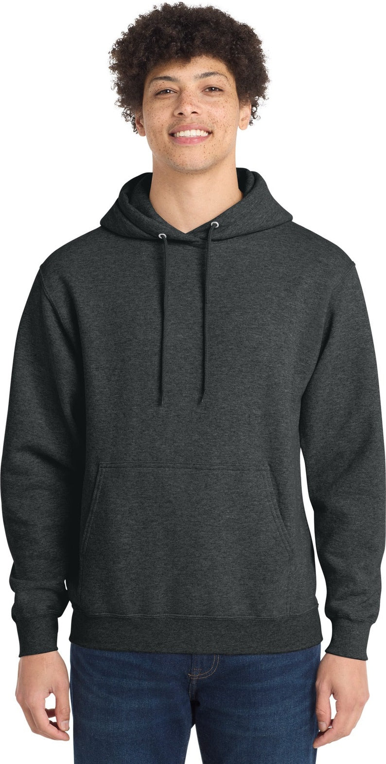 Front View of BlkHthr Port & Co Core Fleece Pullover Hooded Sweatshirt. PC78H