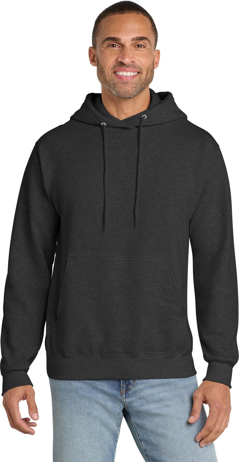 Front View of BlkHthr Port & Co Essential Fleece Pullover Hooded Sweatshirt. PC90H