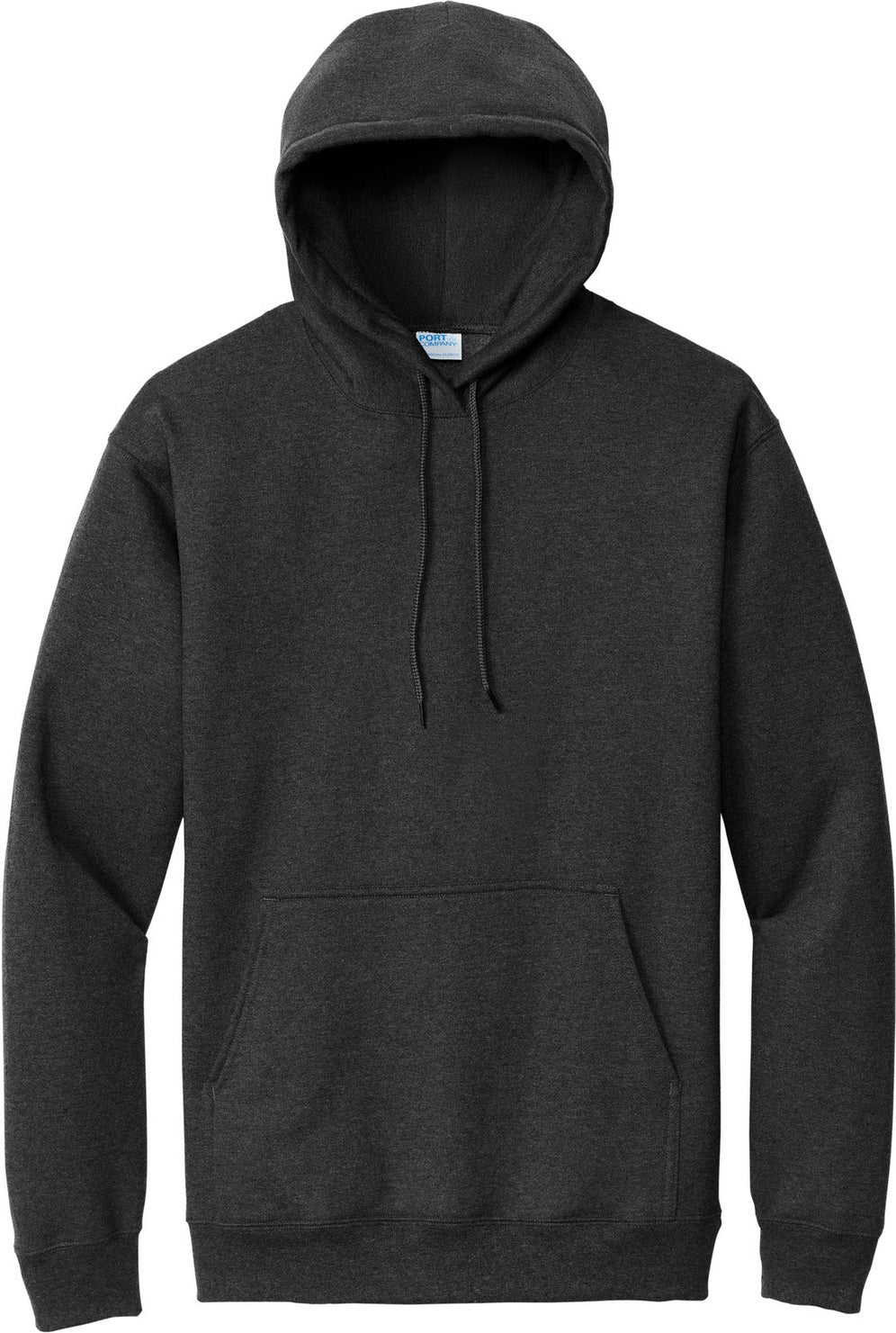 Front View of BlkHthr Port & Co Essential Fleece Pullover Hooded Sweatshirt. PC90H