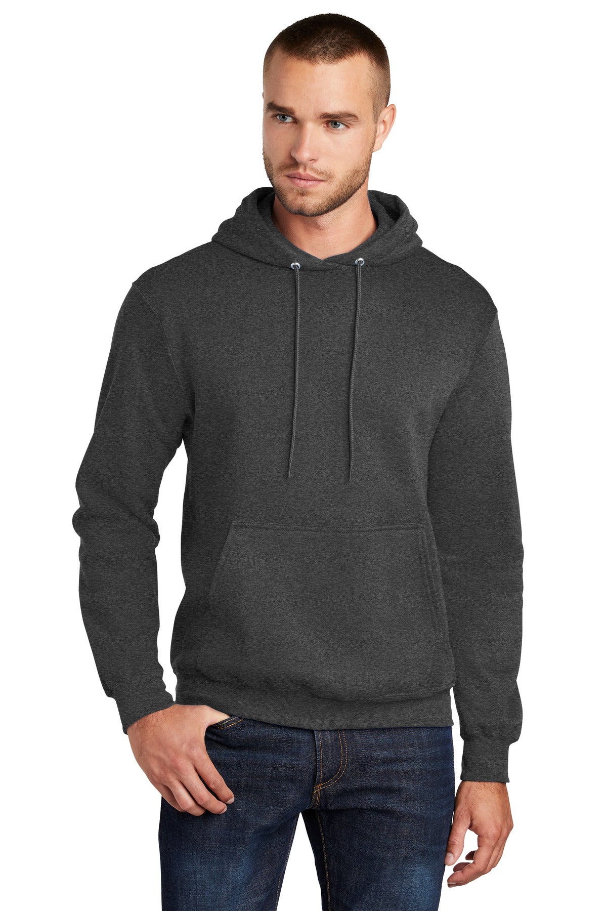 Front View of BlkHthr Port & Co Tall Core Fleece Pullover Hooded Sweatshirt PC78HT