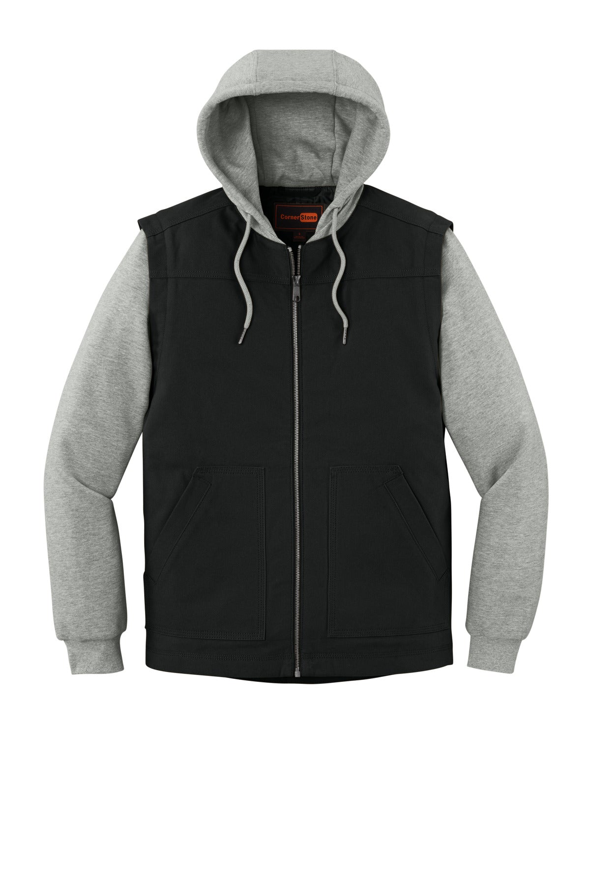 Front View of Blk/HthrGy CornerStone Duck Fleece Full-Zip Hooded Jacket CSJ42