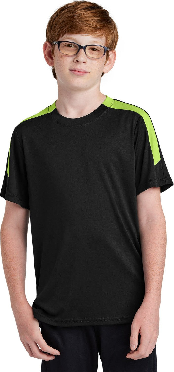 Front View of Blk/LmShk Sport-Tek Youth Competitor United Crew YST100