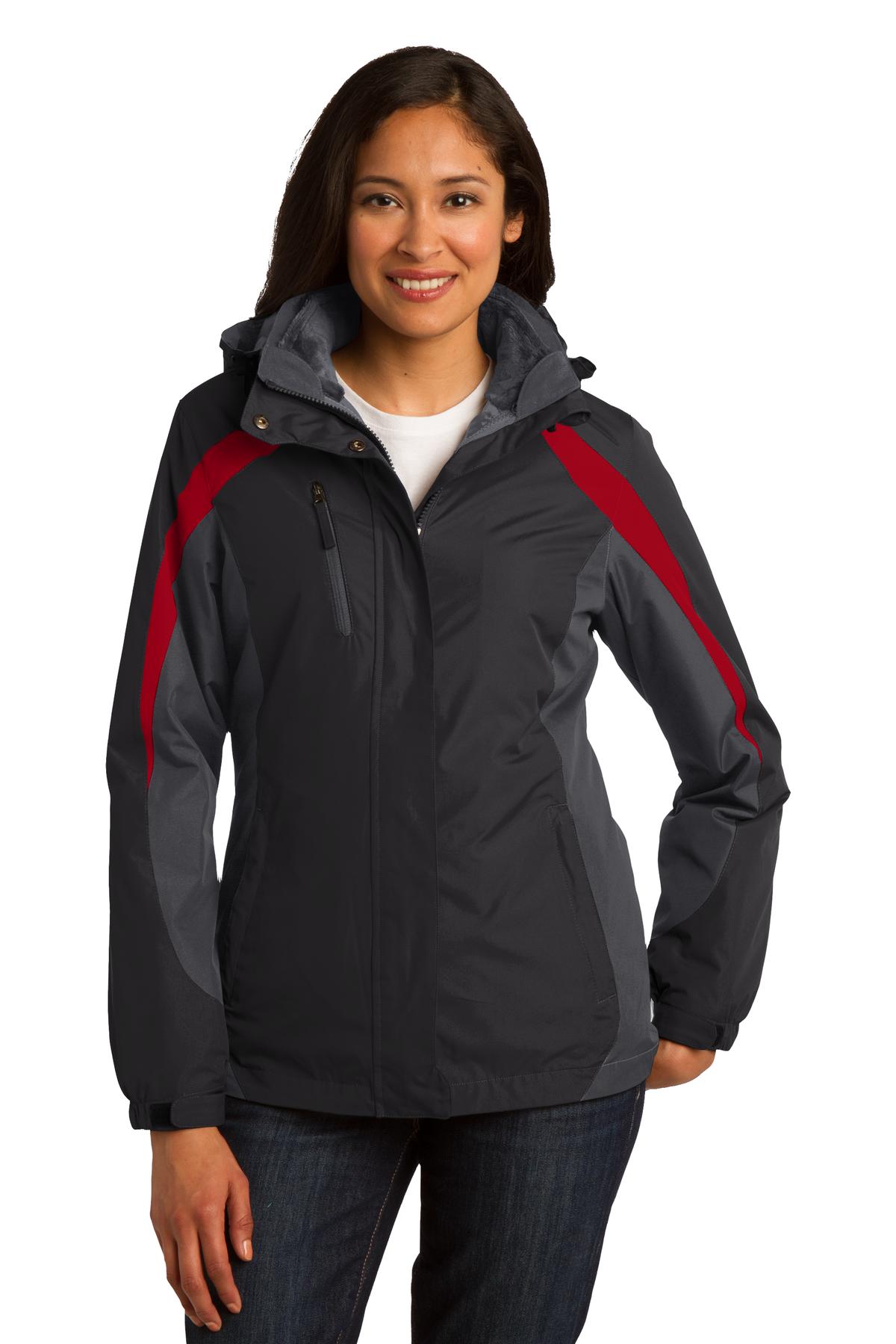 Front View of Blk/Mg Gry/Red Port Authority Women's Colorblock 3-in-1 Jacket. L321