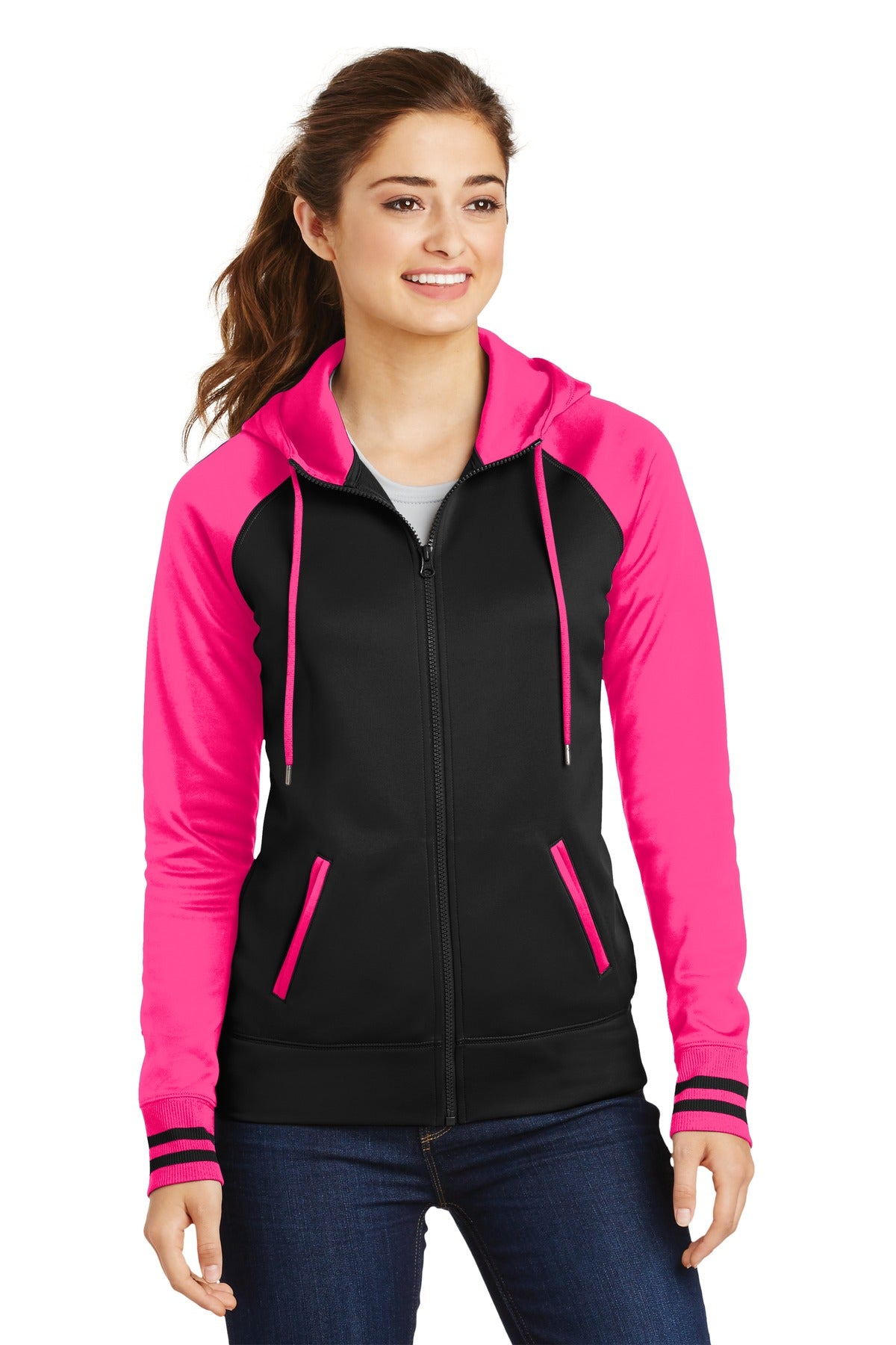 Front View of Blk/Neon Pink Sport-Tek Women's Sport-Wick Varsity Fleece Full-Zip Hooded Jacket. LST236