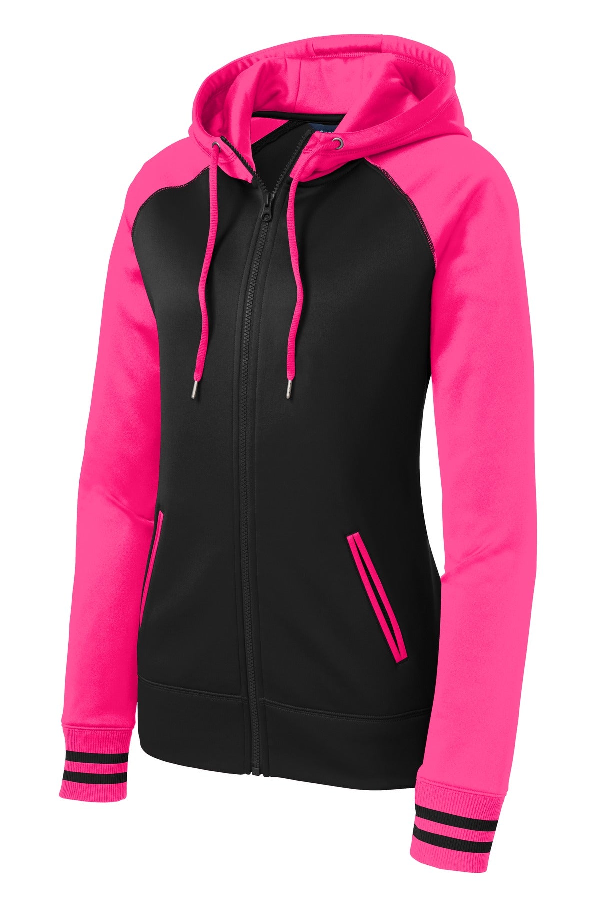 Front View of Blk/Neon Pink Sport-Tek Women's Sport-Wick Varsity Fleece Full-Zip Hooded Jacket. LST236