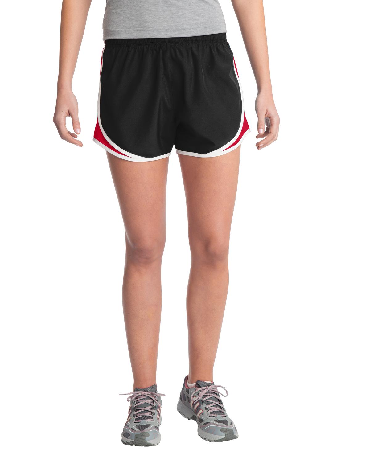 Front View of Blk/Tr Red/Wht Sport-Tek Women's Cadence Short. LST304