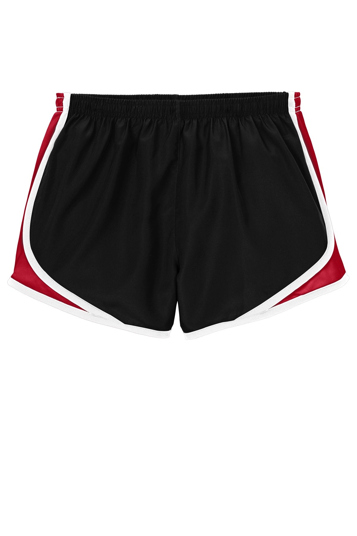 Front View of Blk/Tr Red/Wht Sport-Tek Women's Cadence Short. LST304