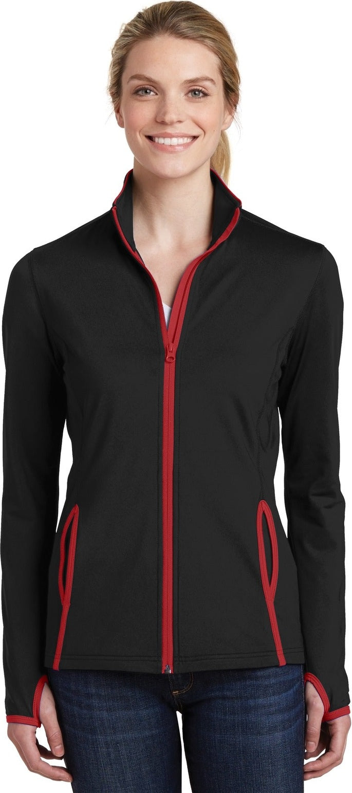 Front View of Blk/True Red Sport-Tek Women's Sport-Wick Stretch Contrast Full-Zip Jacket. LST853