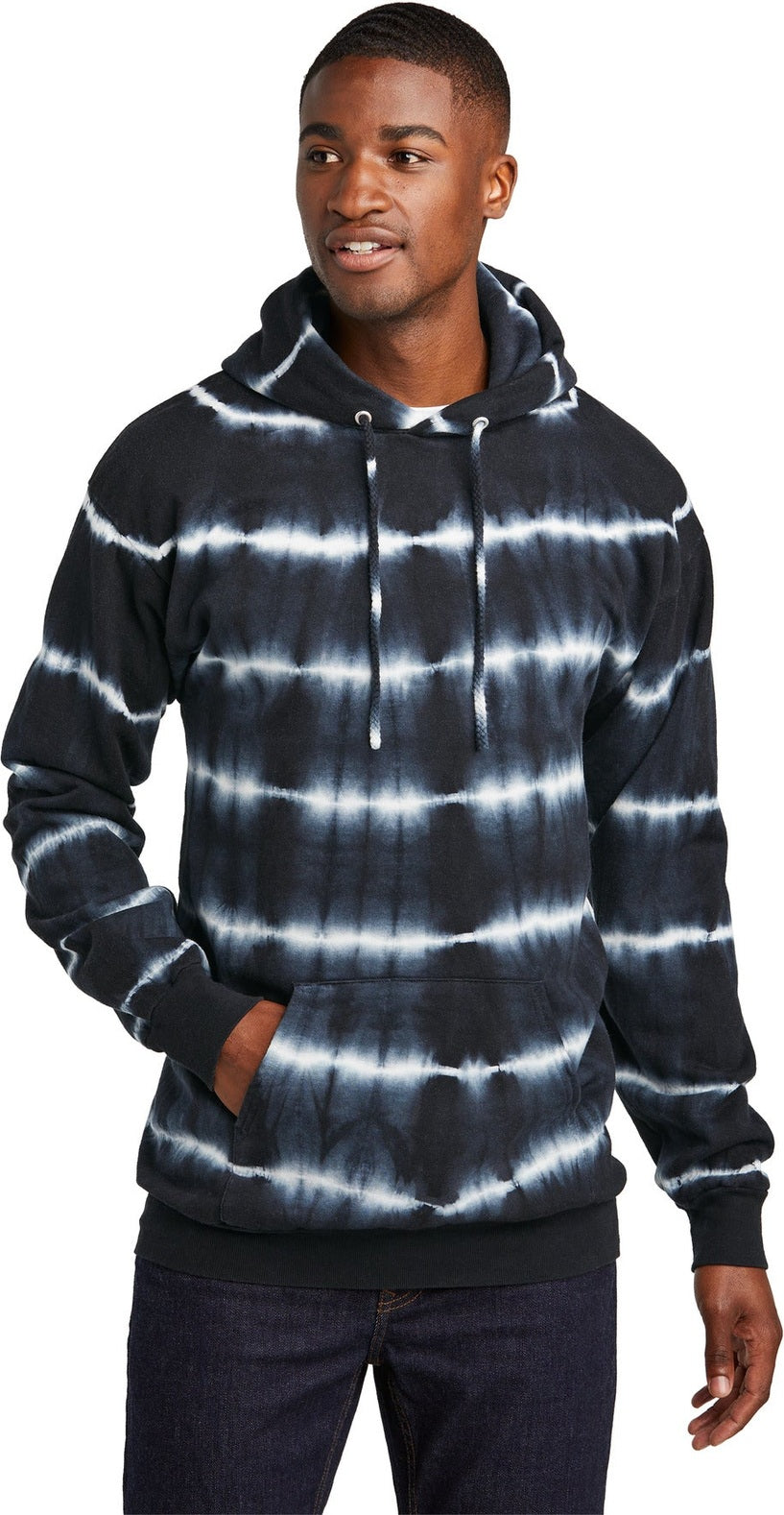 Front View of Blk/White Port & Co Allover Stripe Tie-Dye Fleece PC143