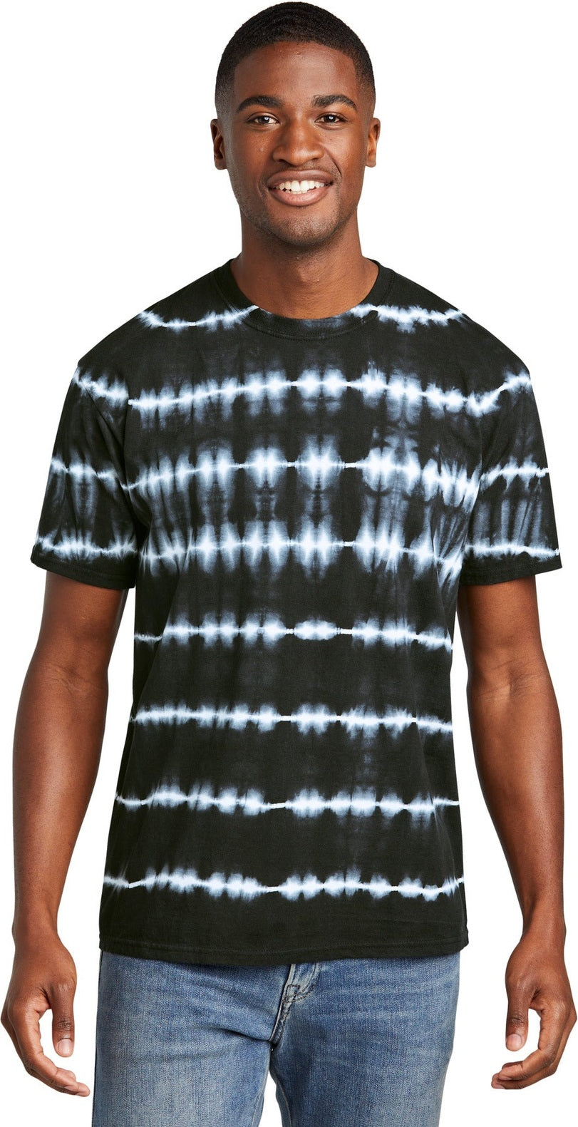 Front View of Blk/White Port & Co Allover Stripe Tie-Dye Tee PC142