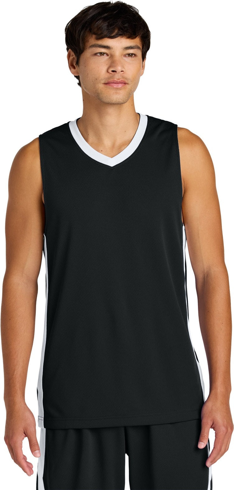 Front View of Blk/White Sport-Tek Rival Basketball Rev Jersey ST900