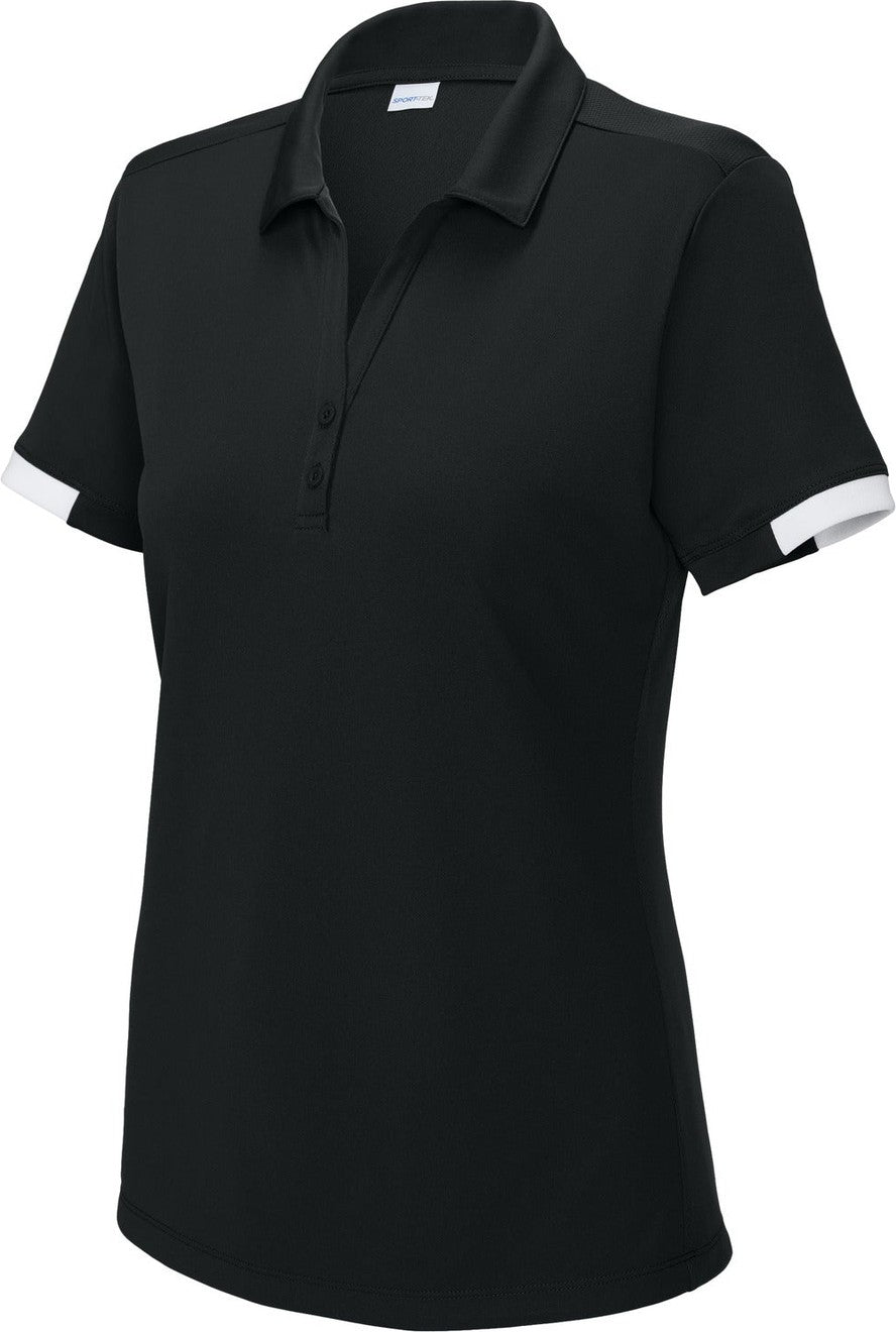 Front View of Blk/White Sport-Tek Women's Club Colorblock Polo LST444
