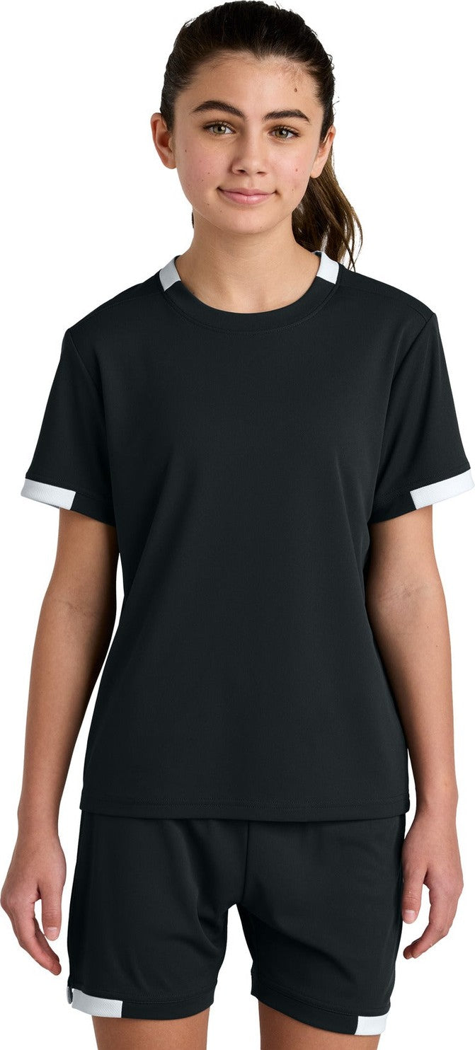 Front View of Blk/White Sport-Tek Youth Club Short Sleeve Crew YST440