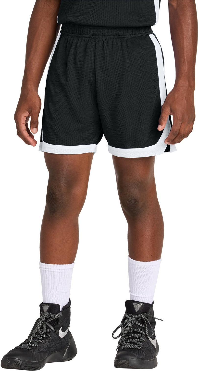 Front View of Blk/White Sport-Tek Youth Rival Basketball 5" Short YST901