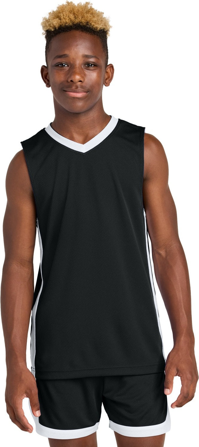 Front View of Blk/White Sport-Tek Youth Rival Basketball Rev Jersey YST900