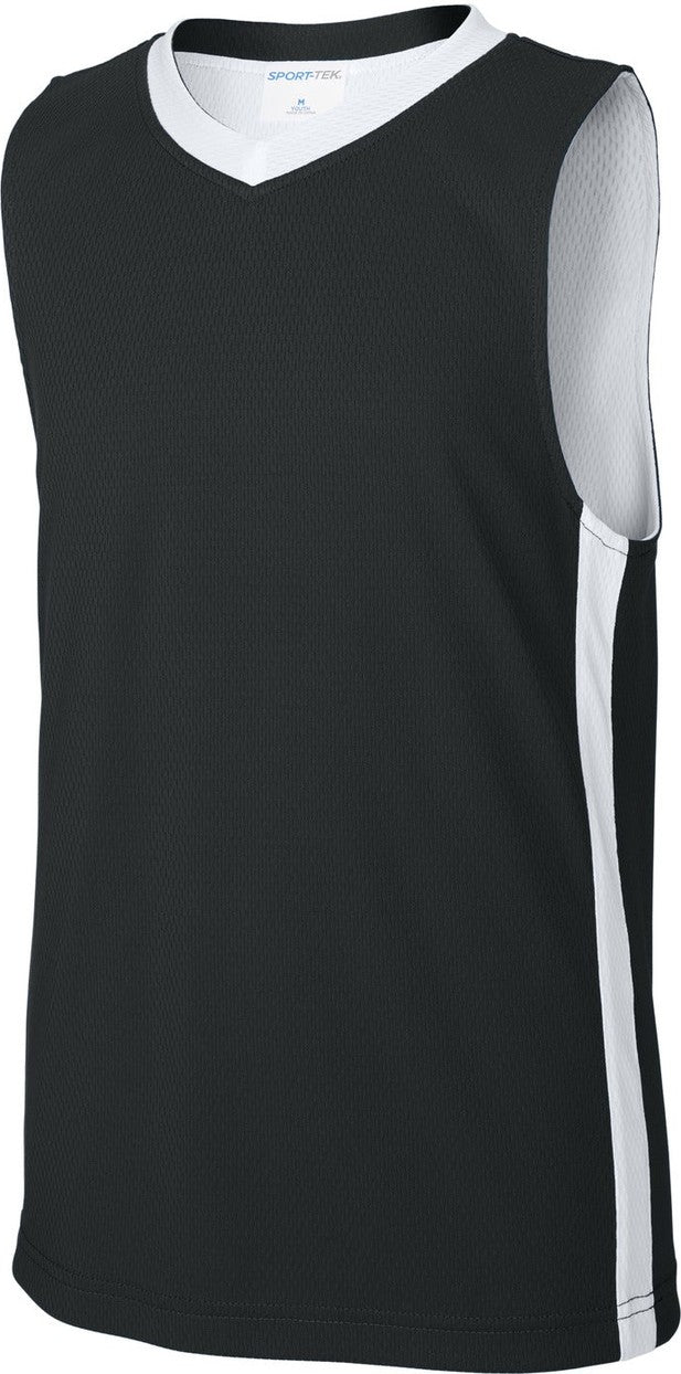 Front View of Blk/White Sport-Tek Youth Rival Basketball Rev Jersey YST900