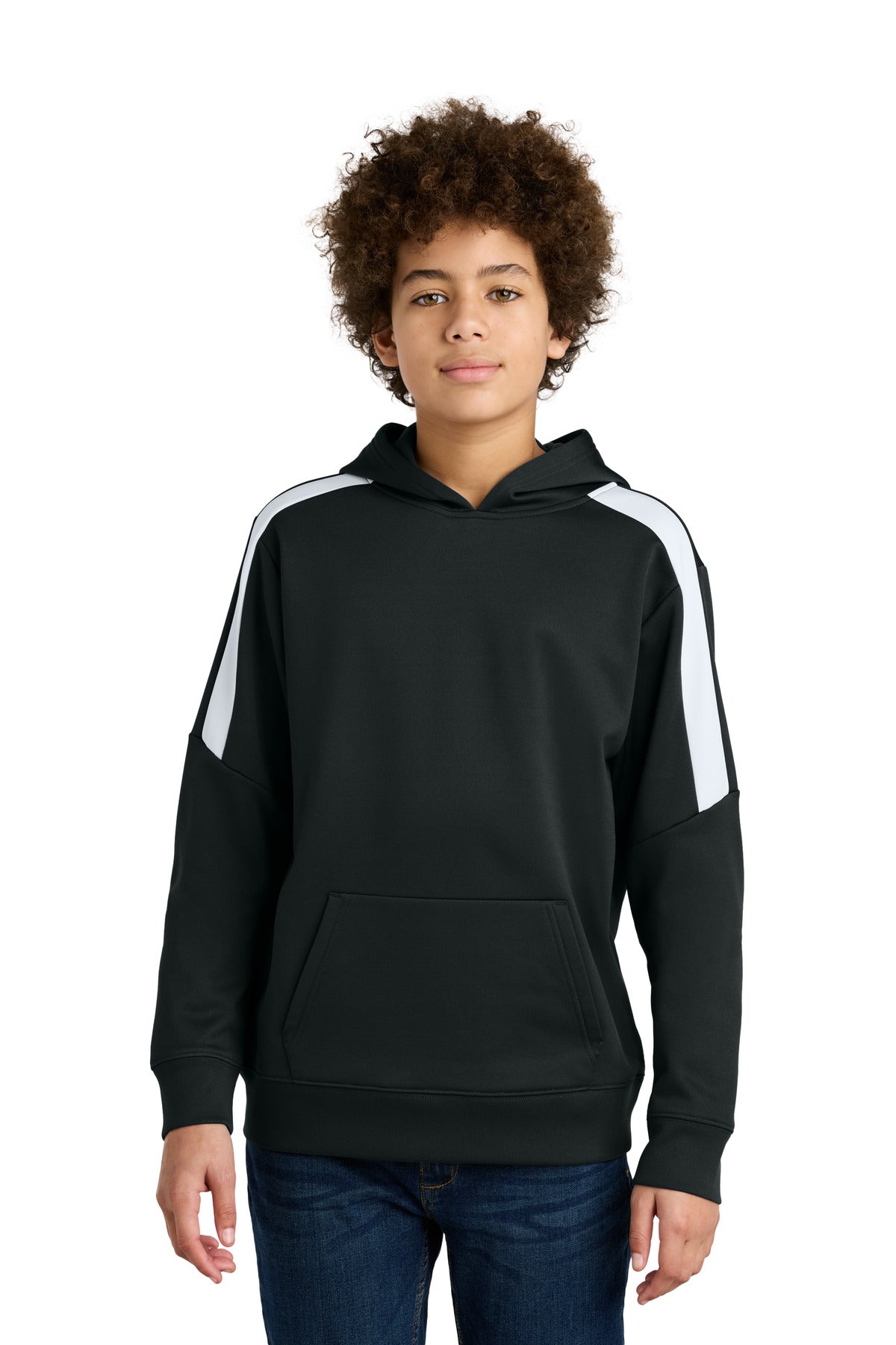 Front View of Blk/White Sport-Tek Youth Sport-Wick Fleece United Pullover Hoodie YST255