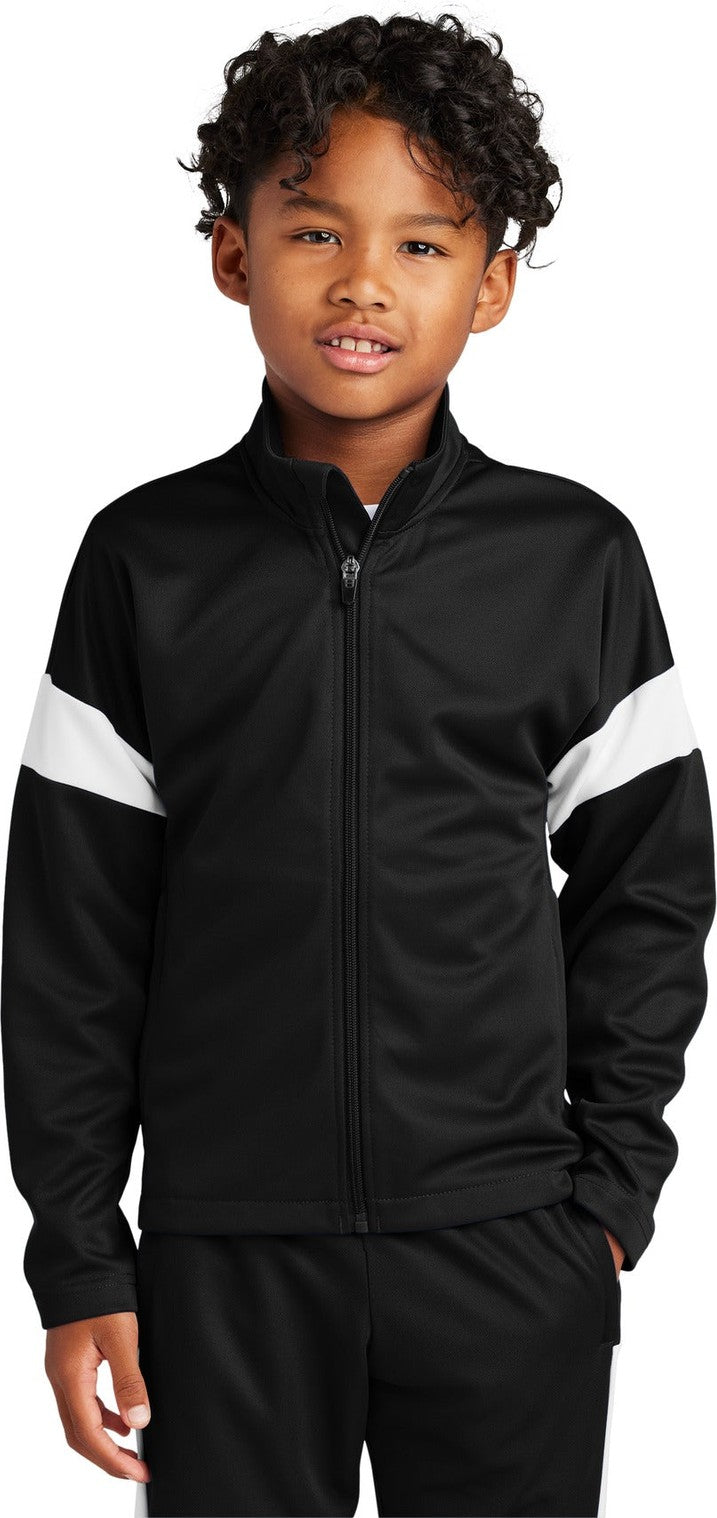 Front View of Blk/White Sport-Tek Youth Travel Full-Zip Jacket YST800