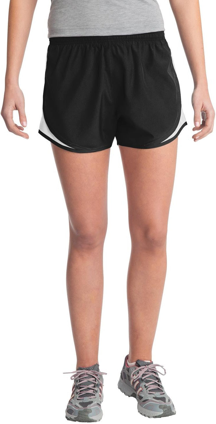 Front View of Blk/Wht/Blk Sport-Tek Women's Cadence Short. LST304