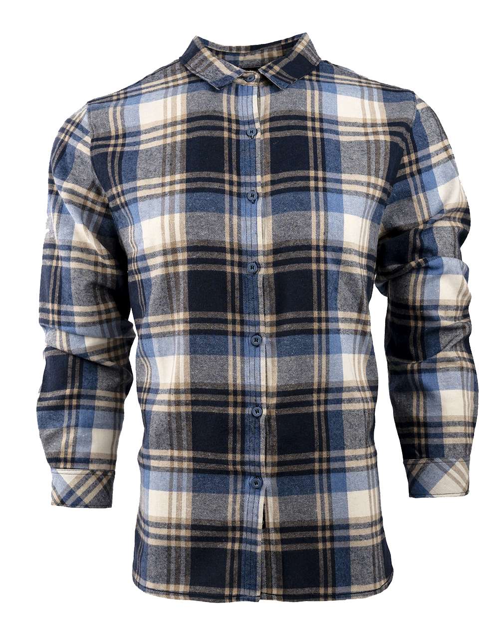 Front View of Blue/ Ecru Women's No Pocket Yarn-Dyed Long Sleeve Flannel Shirt - 5212