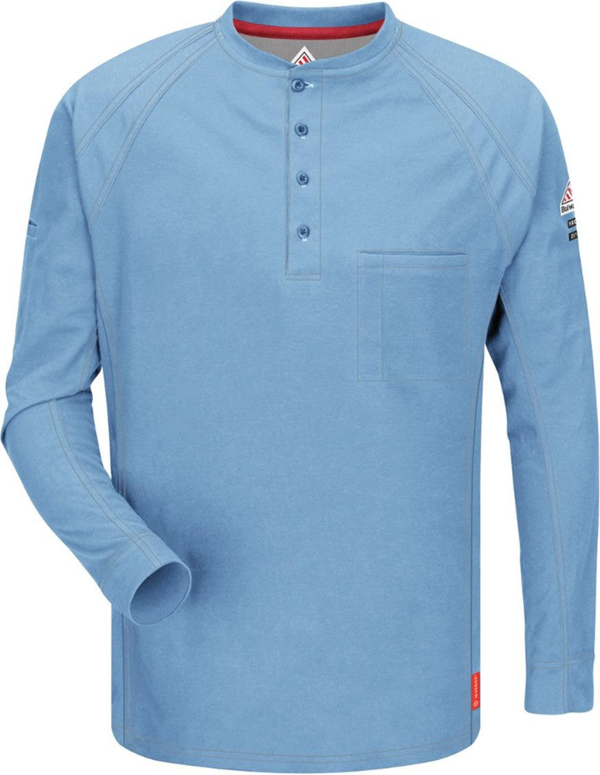 Front View of Blue Long Sleeve Henley - QT20