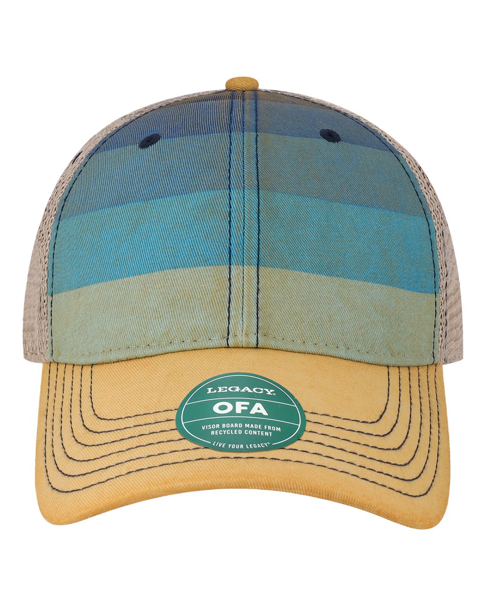 Front View of Blue Stripe/ Khaki Old Favorite Trucker Cap - OFA