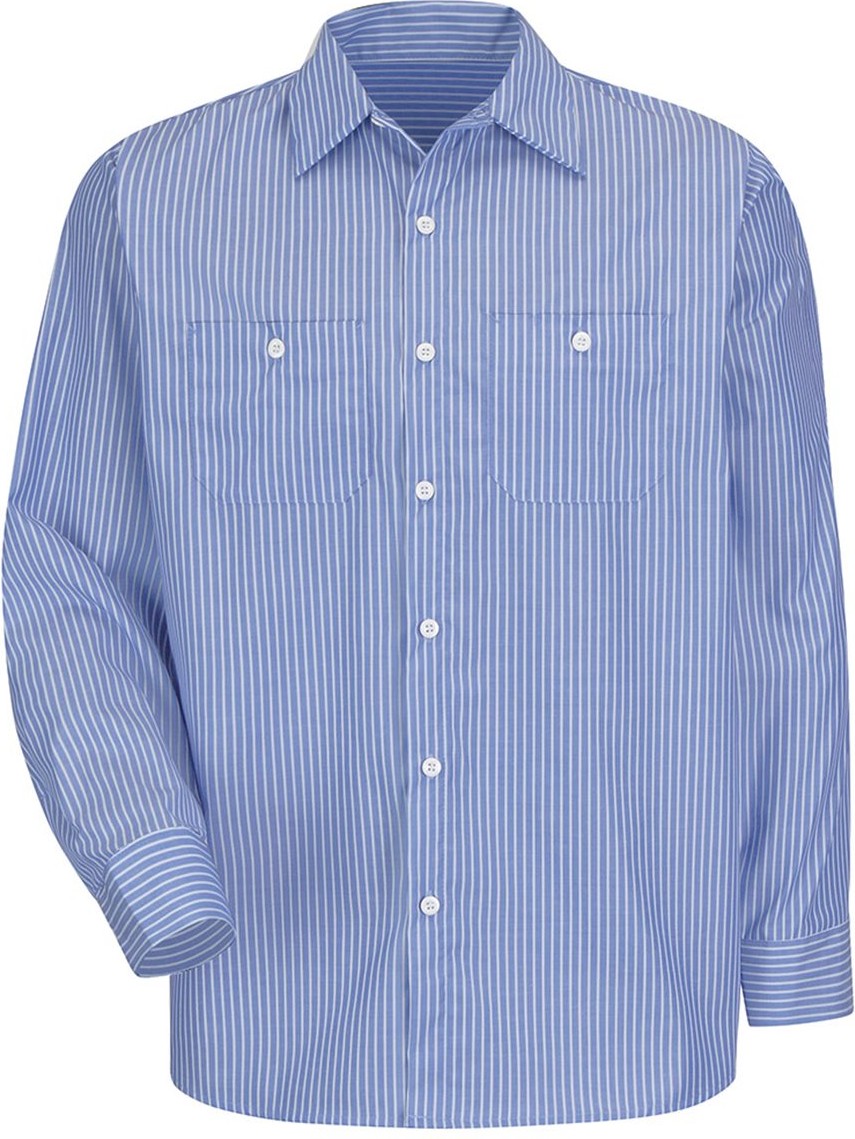 Front View of Blue/ White Stripe Premium Long Sleeve Work Shirt - Tall Sizes - SP10T
