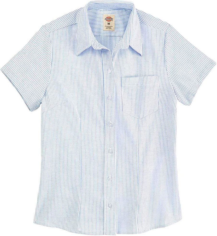 Front View of Blue/ White Stripe Women's Short Sleeve Stretch Oxford Shirt - S254