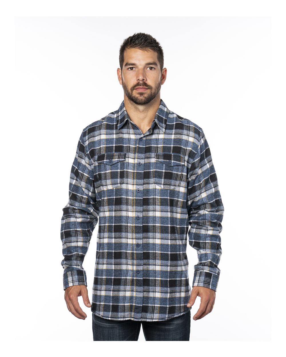 Front View of Blue Yarn-Dyed Flannel Shirt - 8210