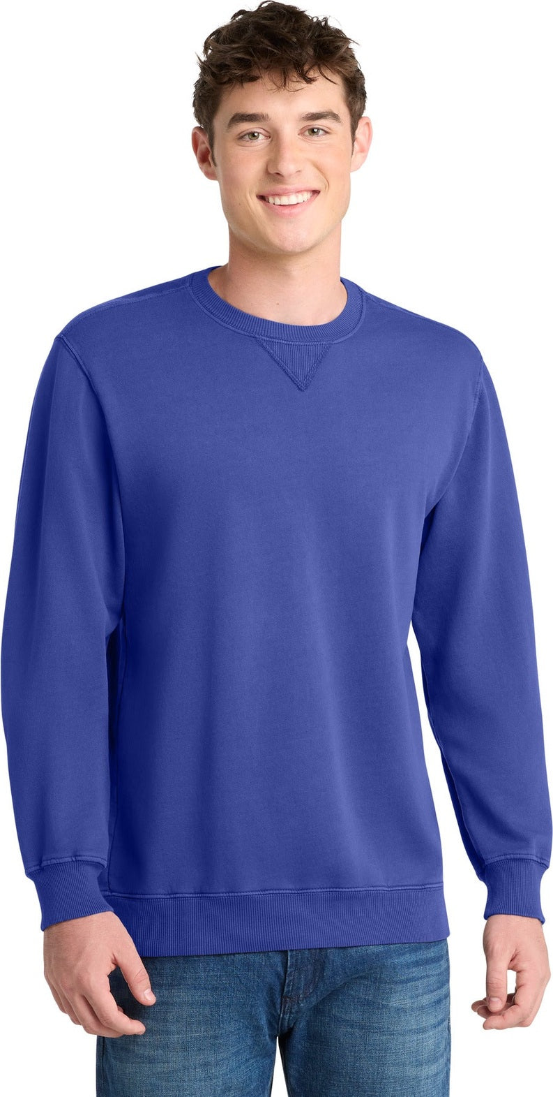 Front View of BlueIris Port & Co Beach Wash Garment-Dyed Crewneck Sweatshirt PC098