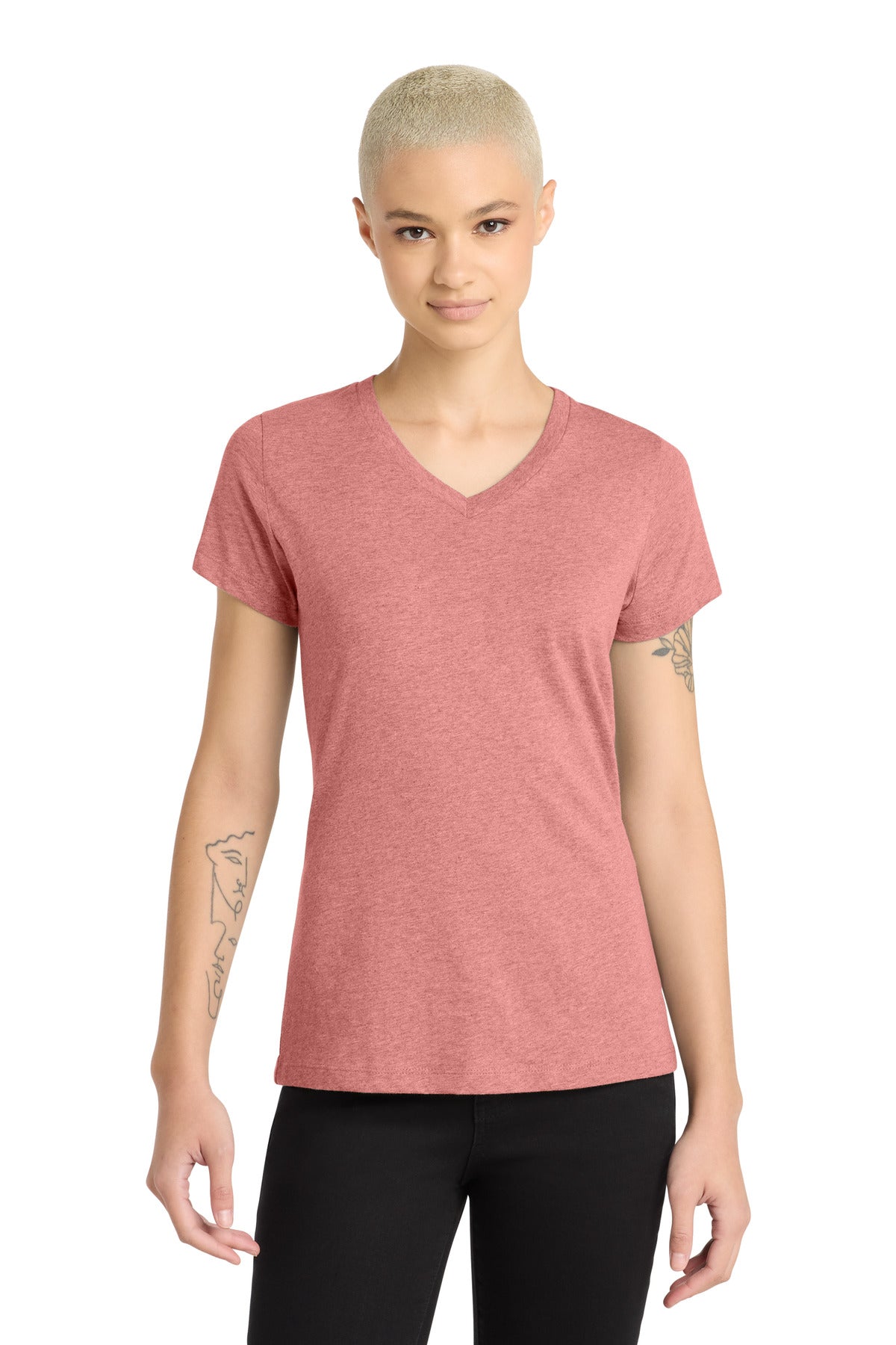 Front View of BlustFrost District Women's Perfect Blend CVC V-Neck Tee. DM1190L
