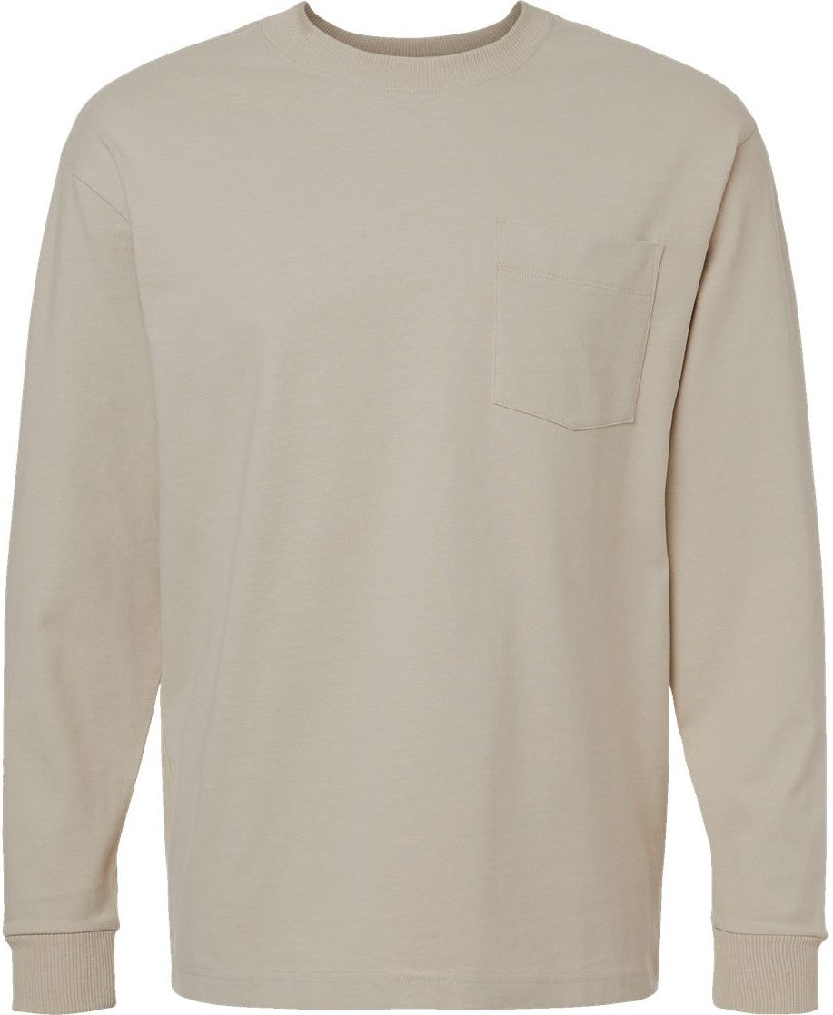 Front View of Bone Super Heavyweight Long Sleeve Pocket Tee - 9410
