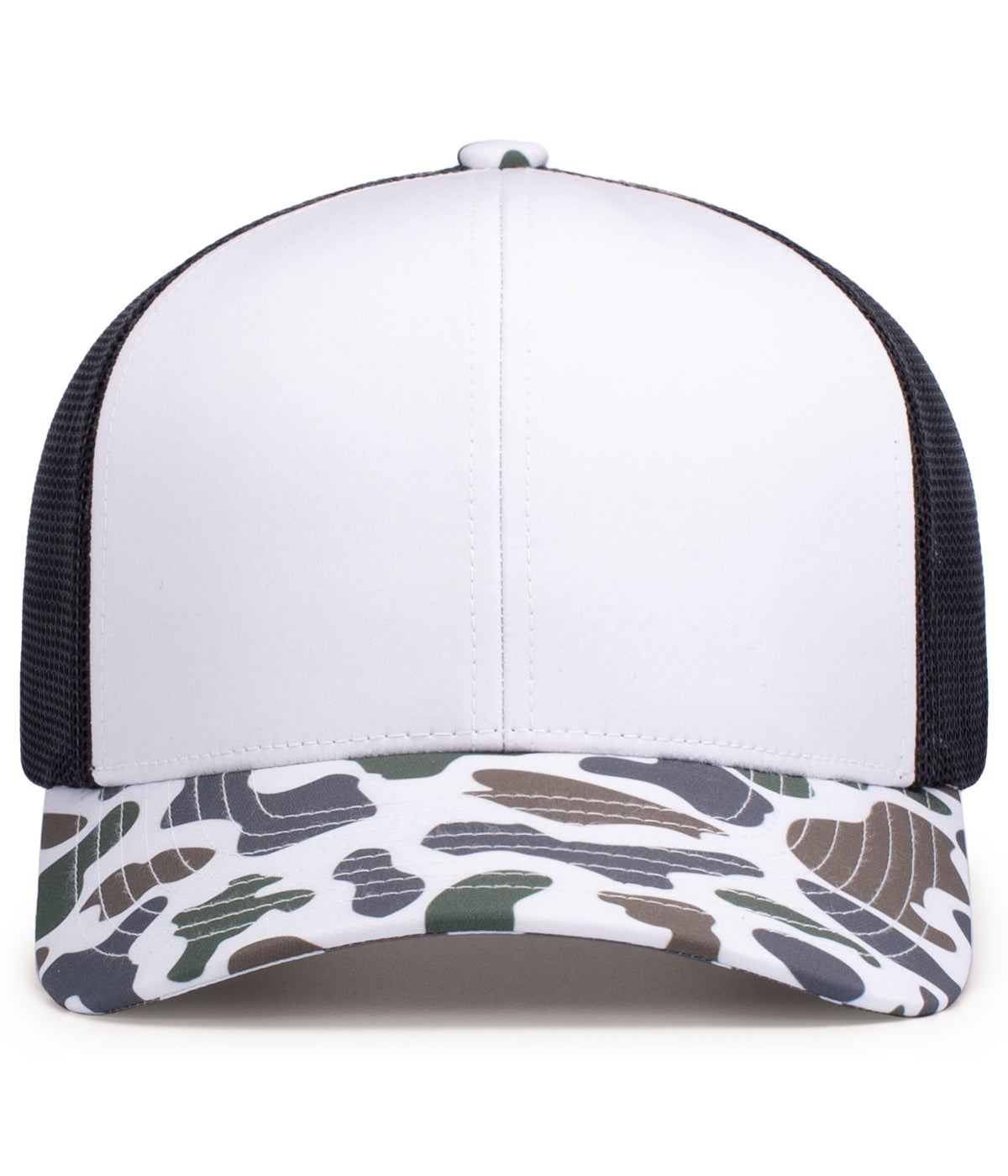 Front View of BONE/LIGHT CHARCOAL/TIMBERLINE WEEKENDER DUCK CAMO TRUCKER