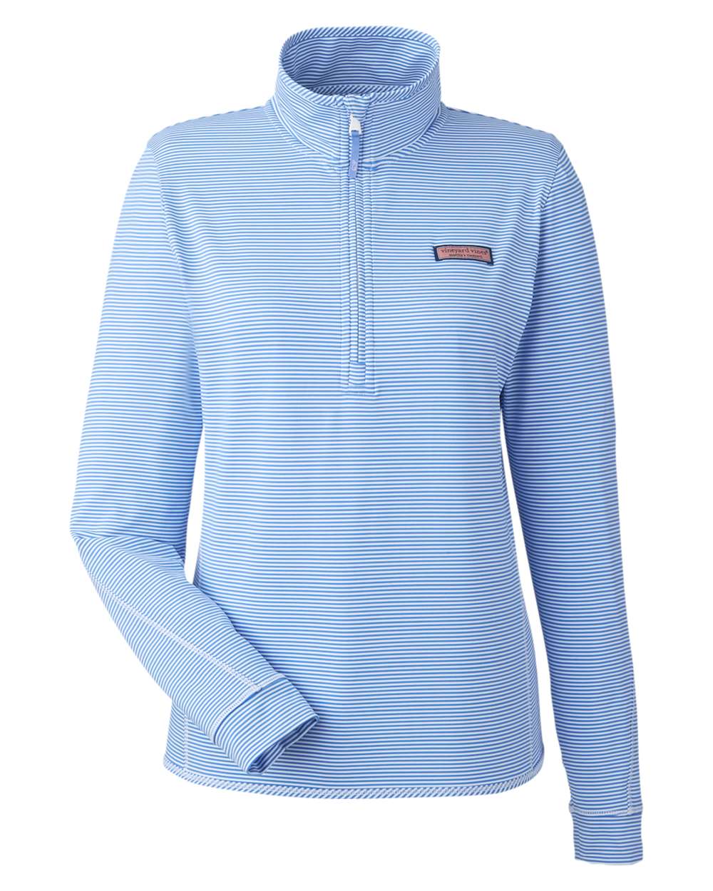 Front View of Breaker Blue Women&#39;s Microstripe Sankaty Half-Zip Pullover - K002521