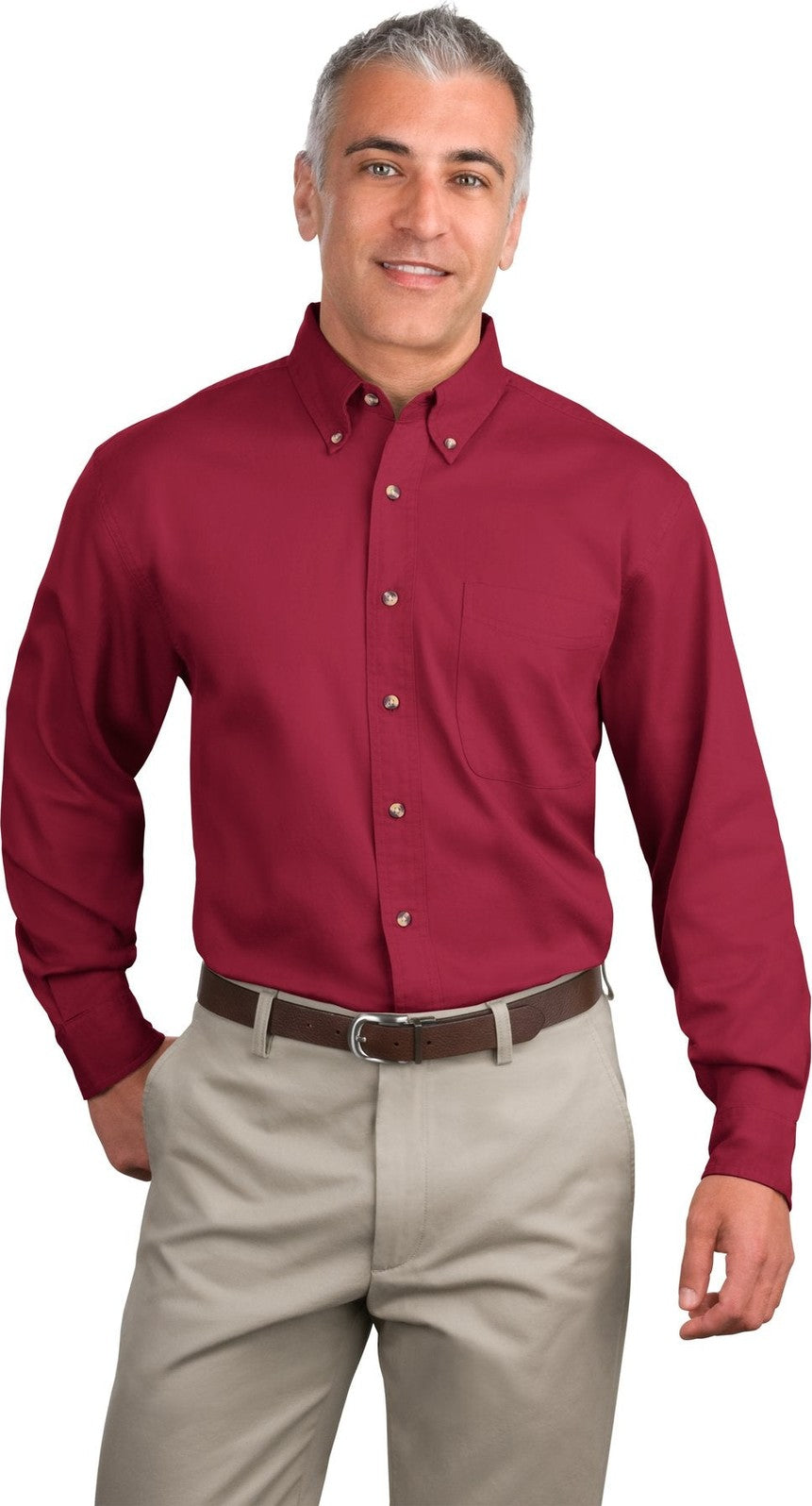 Front View of Brght Burgundy Port Authority Long Sleeve Twill Shirt. S600T