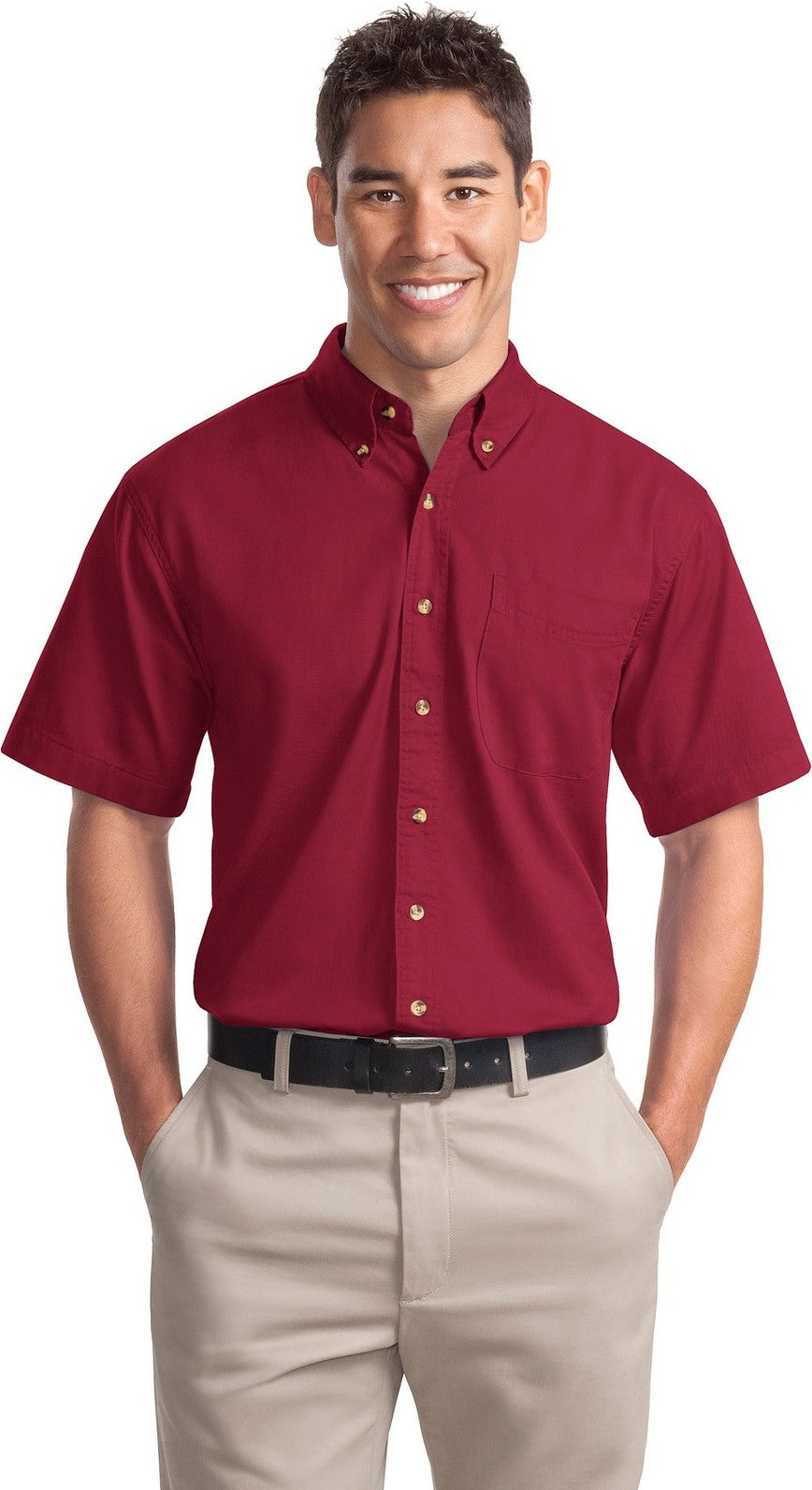 Front View of Brght Burgundy Port Authority Short Sleeve Twill Shirt. S500T
