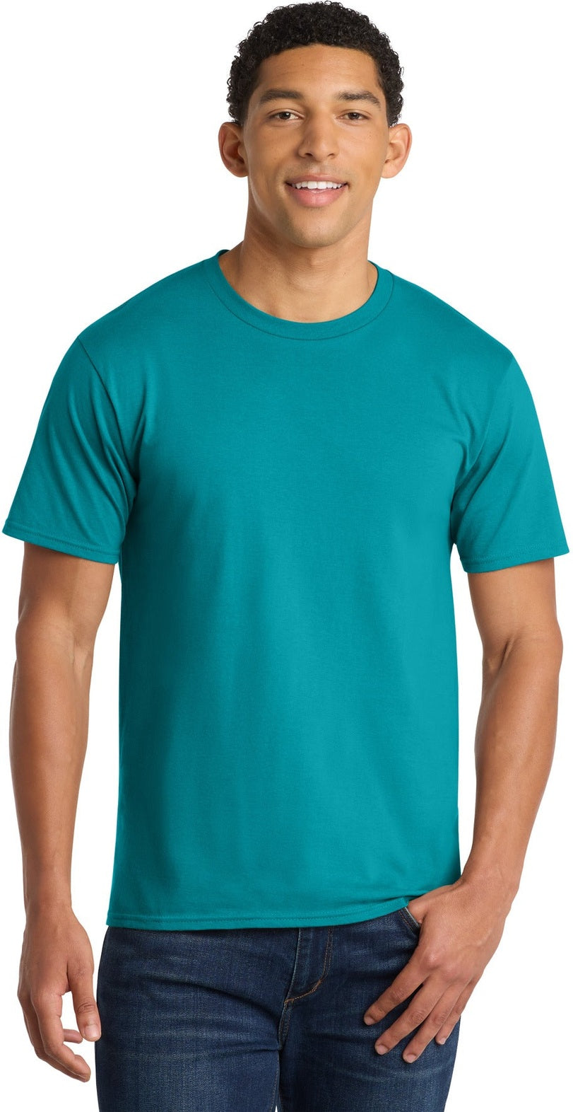 Front View of Bright Aqua Port & Co Fan Favorite Tee. PC450